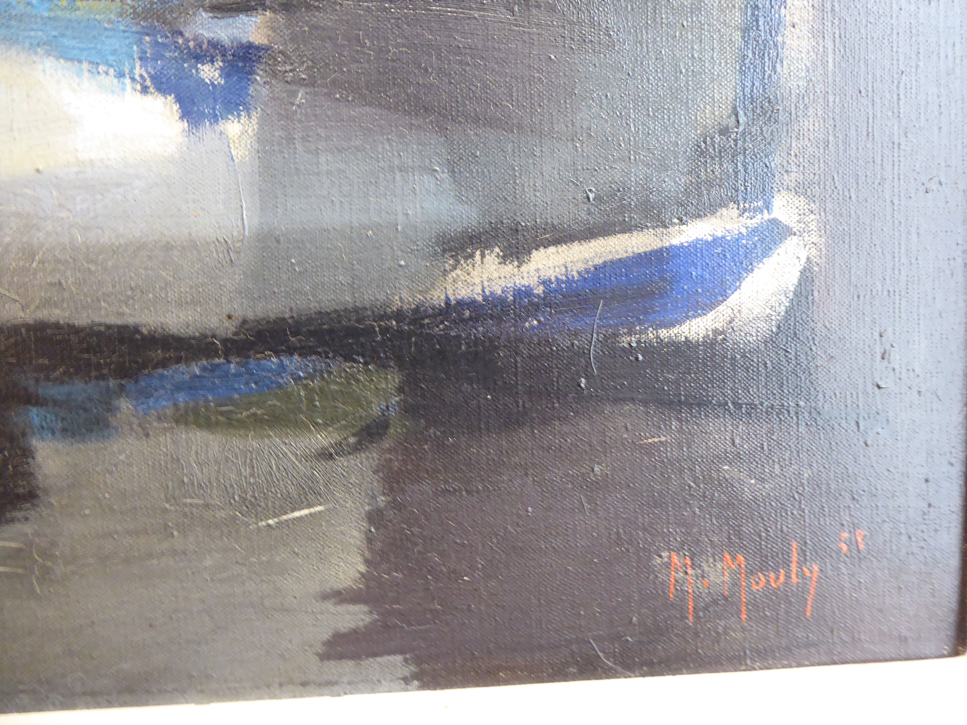M Mouly - 'Nuits dans le port' oil on canvas bears a signature & dated '58 & a label verso 25'' - Image 6 of 9