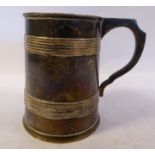 A late Victorian silver Christening tankard of tapered cylindrical form with banded,