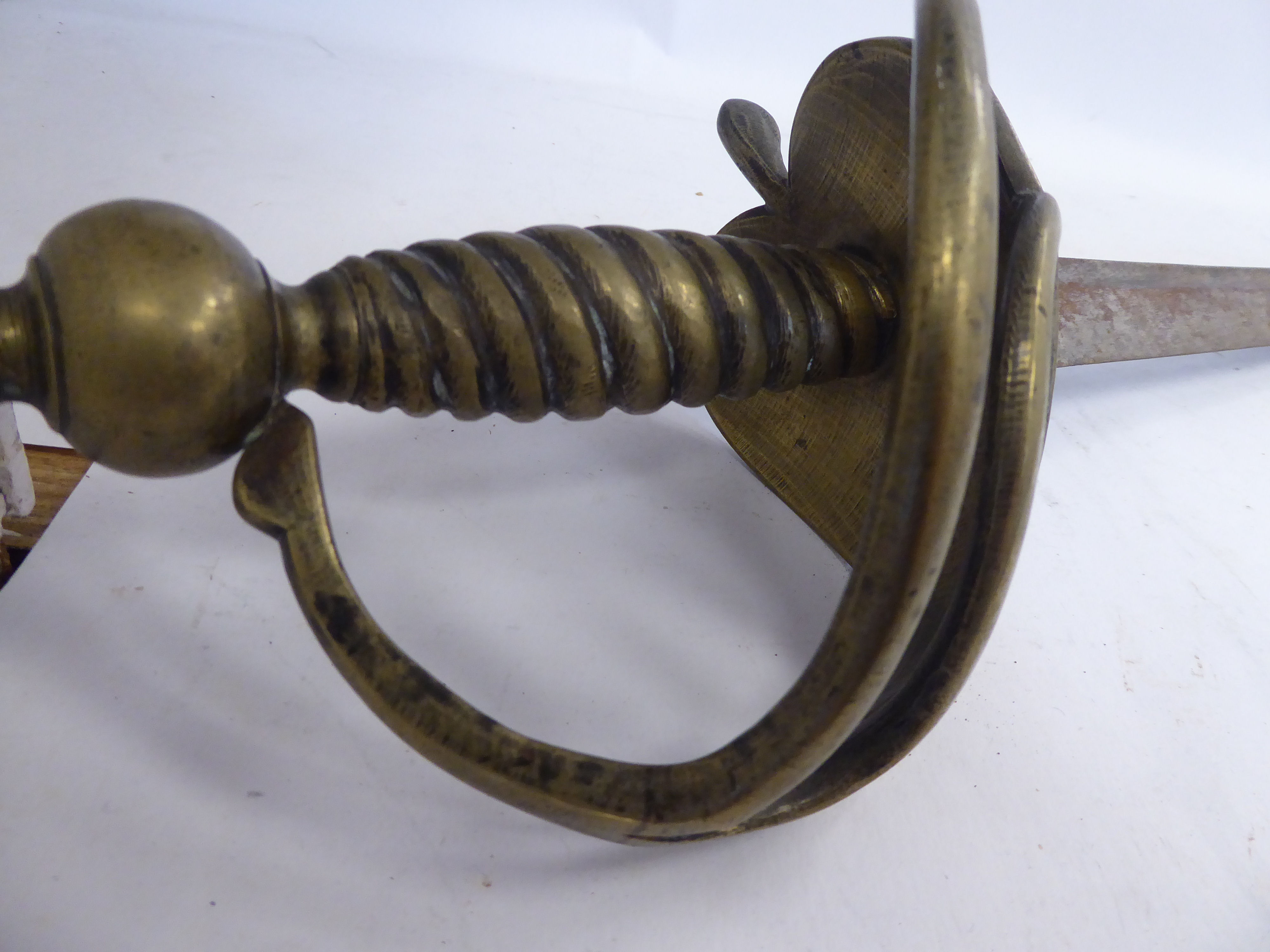 A 19thC infantry hanger, the cast brass handle with a ropetwist grip and spherical pommel, - Image 2 of 5