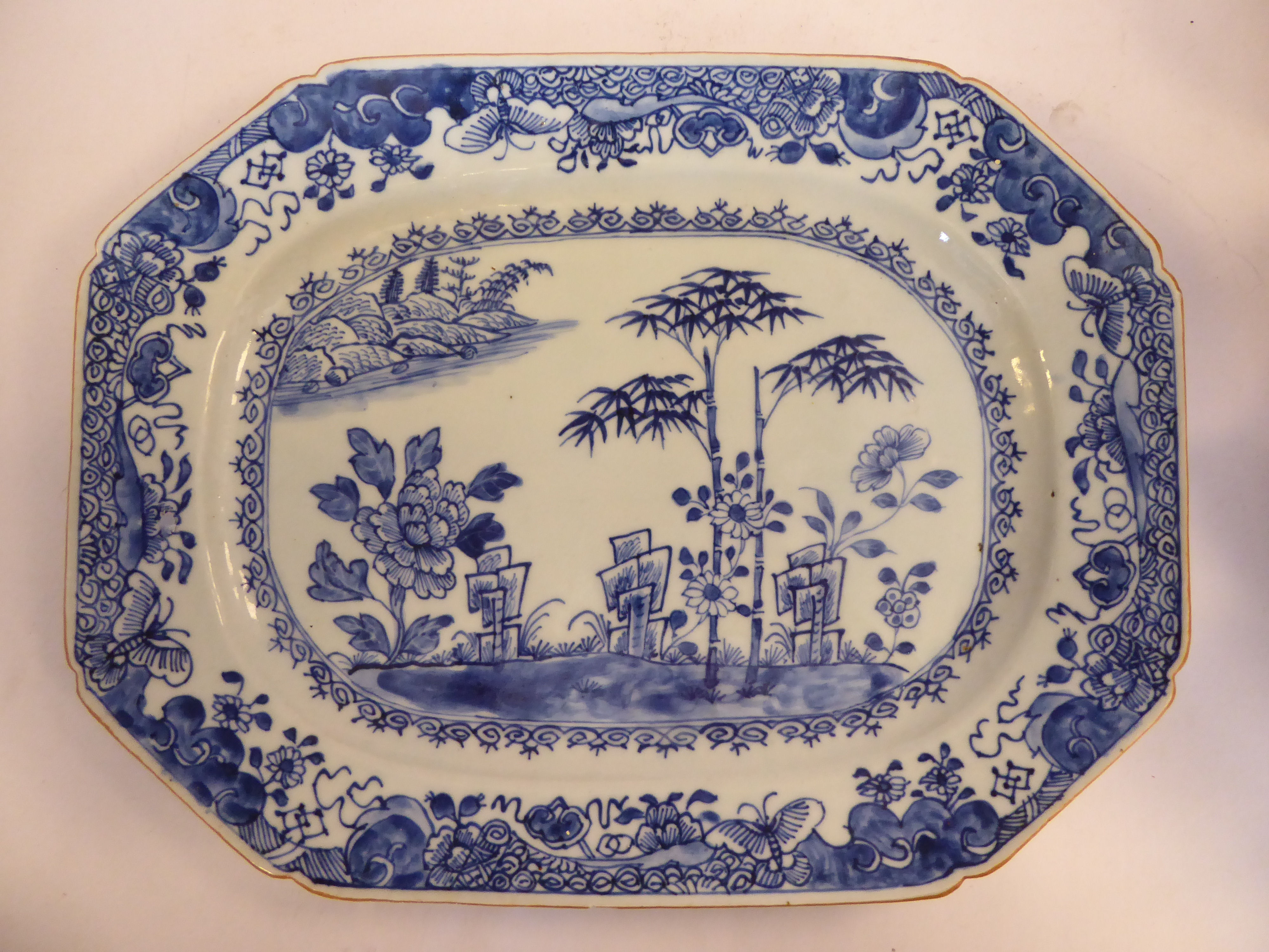 A late 18thC Chinese porcelain dish of elongated, octagonal form,