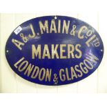 An enamelled steel, white on navy blue advertising sign 'A & J Main & Co Ltd, Makers,