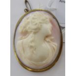 A late Victorian shell carved cameo brooch, depicting a profile portrait of a lady,
