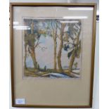 'Through the Blue Sun Trees' coloured etching bears pencil title & indistinct signature 9'' x