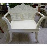 A modern Continental, cream painted wooden bench seat with a solid, carved back, open,