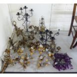 Light fittings: to include a gilt metal five branch chandelier with cut glass pendant 17''spread