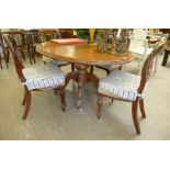 A late Victorian mahogany oval tip-top breakfast table, over a baluster column,