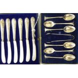 A set of six silver Onslo pattern teaspoons and matching tongs cased;