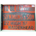 An enamelled steel, black on red Estate Agent's sign 'To be Let, Symmonds & Sons,