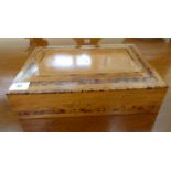 A modern fruitwood cigar box with straight sides and a hinged lid,