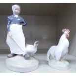 A Royal Copenhagen porcelain figure, a goose girl no.528 7.25''h; and a standing cockerel no.