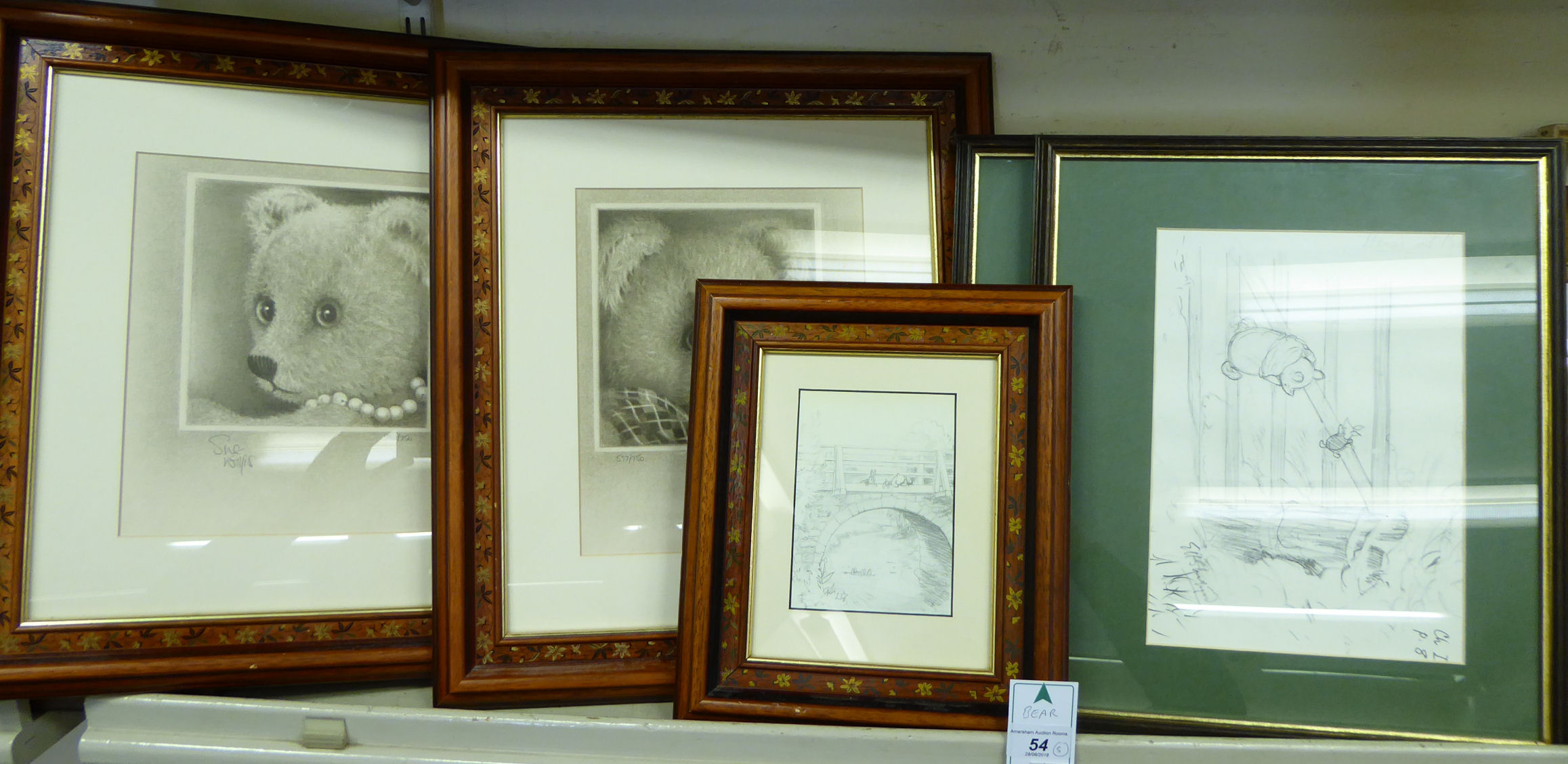 Framed pictures: to include Sue Willis - a study of a bear Limited Edition monochrome print