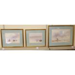 20thC British School - a series of three coastline scenes with moored sailing vessels watercolours