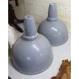 A pair of industrial grey and white painted steel pendant light shades 16''dia BSR