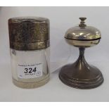 Clear glass dressing table bottle with an applied silver collar and cap;
