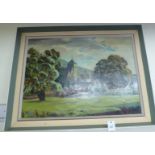 Marjorie E Baker - a church in a landscape oil on canvas inscribed verso 29'' x 22'' framed