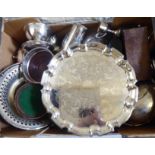 Silver plated tableware: to include a Georgian style salver with a piecrust border and foliate