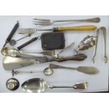 Small silver items: to include various spoons; a pickle fork;