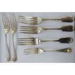 Six various silver Old English pattern table forks mixed marks 11