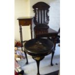 Small furniture: to include a 1920s stained carved oak hall chair,