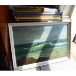 Framed pictures: to include a shoreline scene with crashing waves oil on canvas bears an