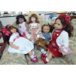 Five collectors porcelain and celluloid dolls: to include a baby 20''h BSR