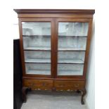 An early 19thC mahogany display cabinet, the level cornice with a dentil moulded frieze,
