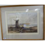 Mid 19thC British School - figures and a cart by a windmill on the coast near Brighton watercolour