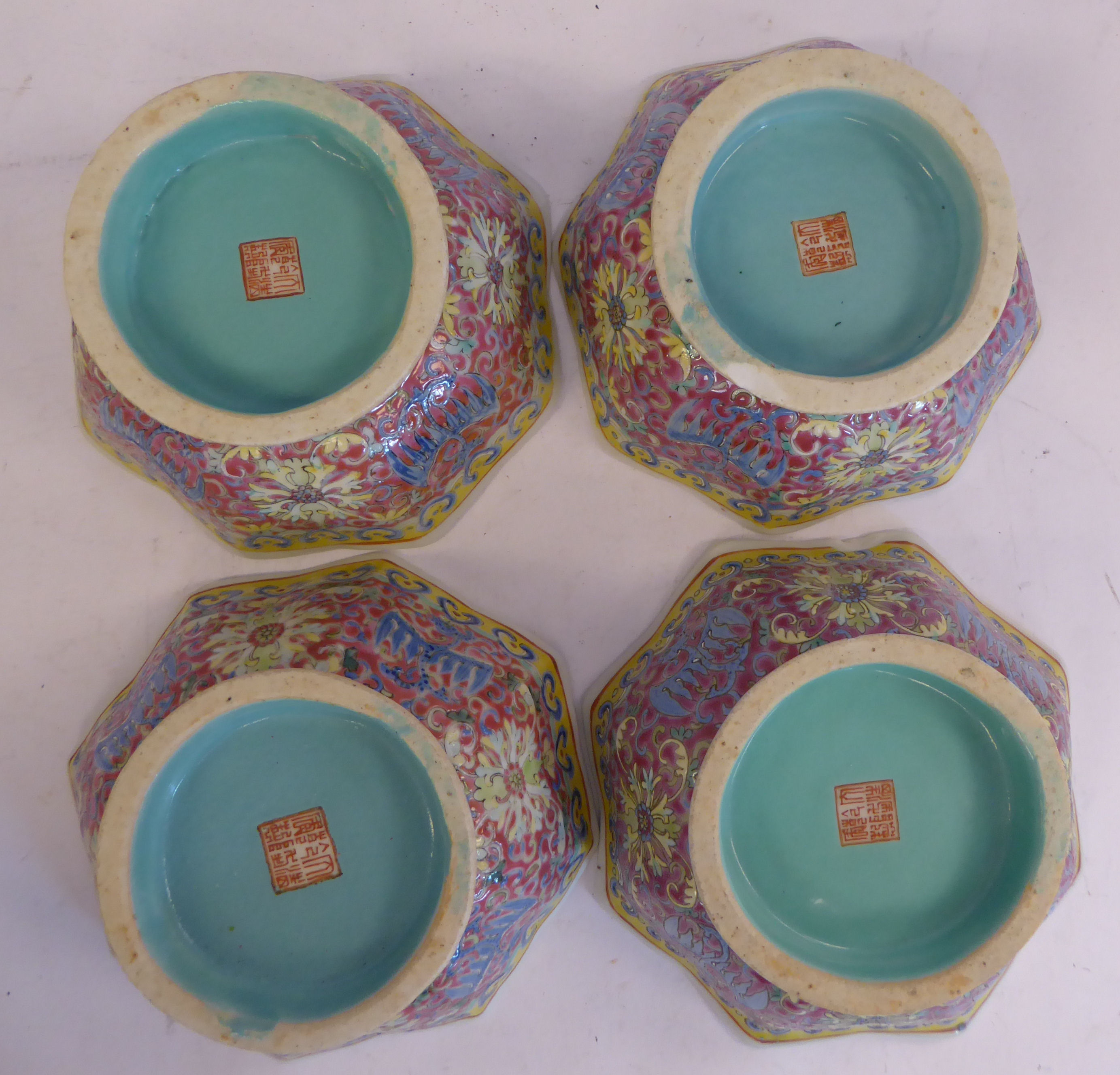 A set of four late 19thC Chinese porcelain octagonal bowls, on splayed footrims, - Image 3 of 3