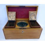 A mid 19thC crossbanded satinwood tea casket with straight sides, a ring handle on the hinged lid,