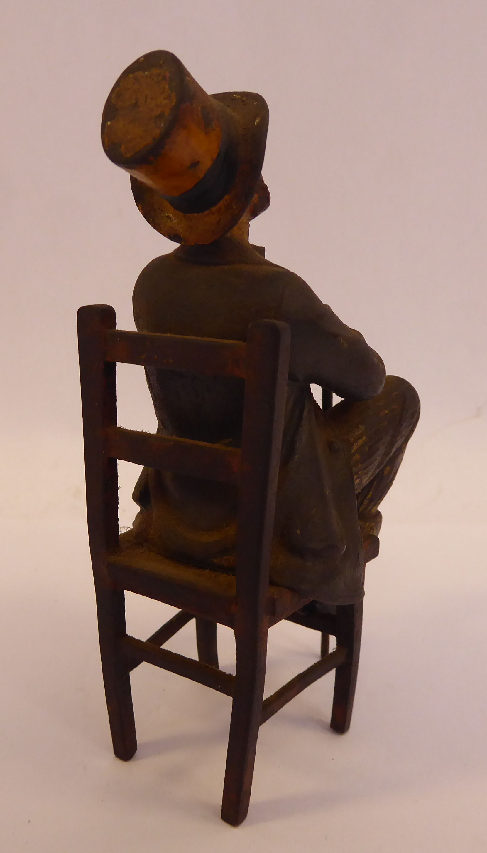 A late 19thC painted cold cast bronze figure, a bewhiskered gentleman, wearing a to hat and bow tie, - Image 4 of 5