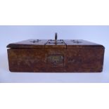 An early 20thC figured walnut combination cigarette and cigar box with rivetted and inscribed brass