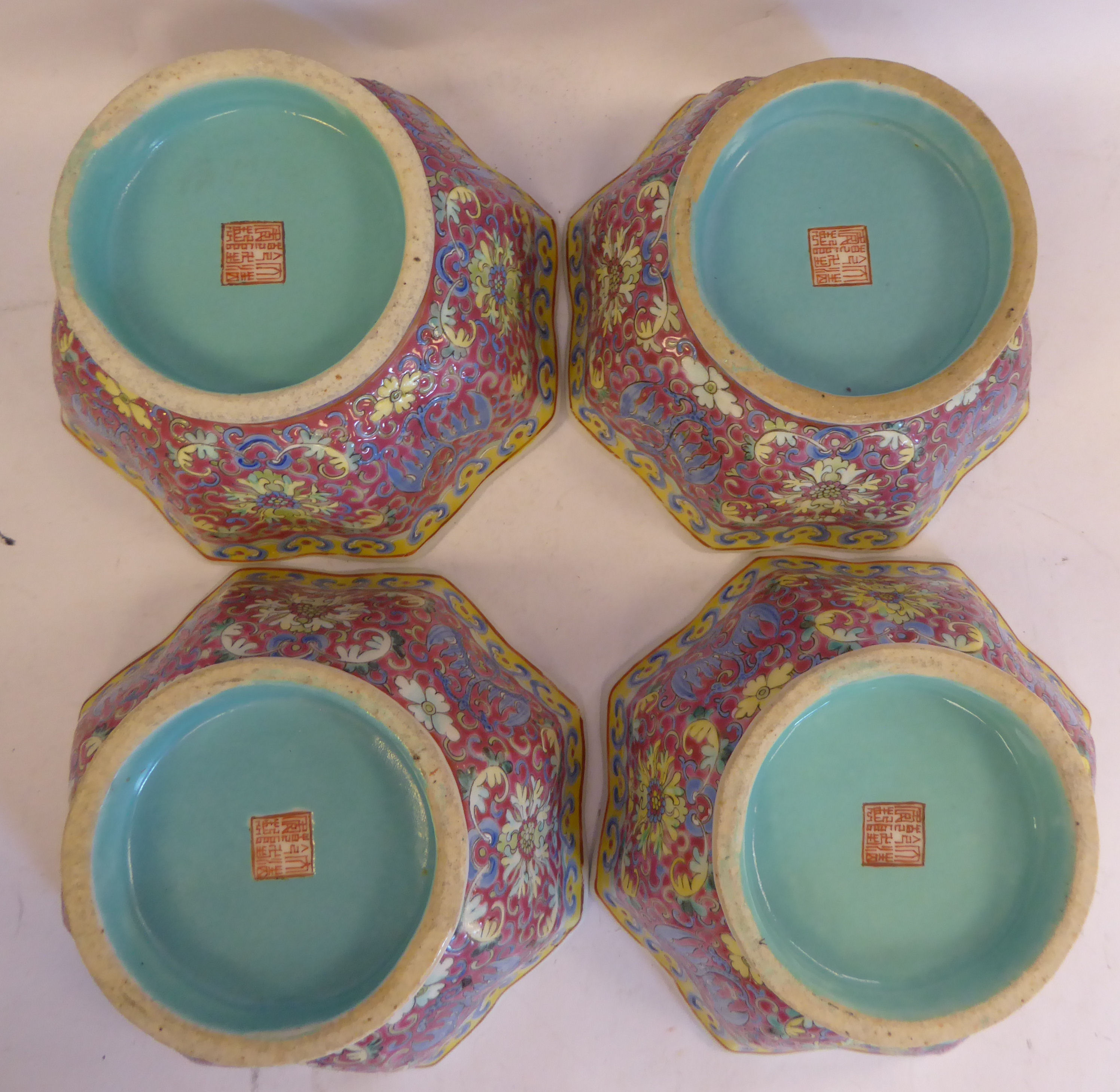 A set of four late 19thC Chinese porcelain octagonal bowls, on splayed footrims, - Image 3 of 3