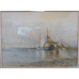 E Taylor Snow - a shoreline scene with moored sailing vessels watercolour bears a signature 10''