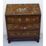 A 19thC mahogany, wood veneered, coloured metal and bone marquetry bureau,