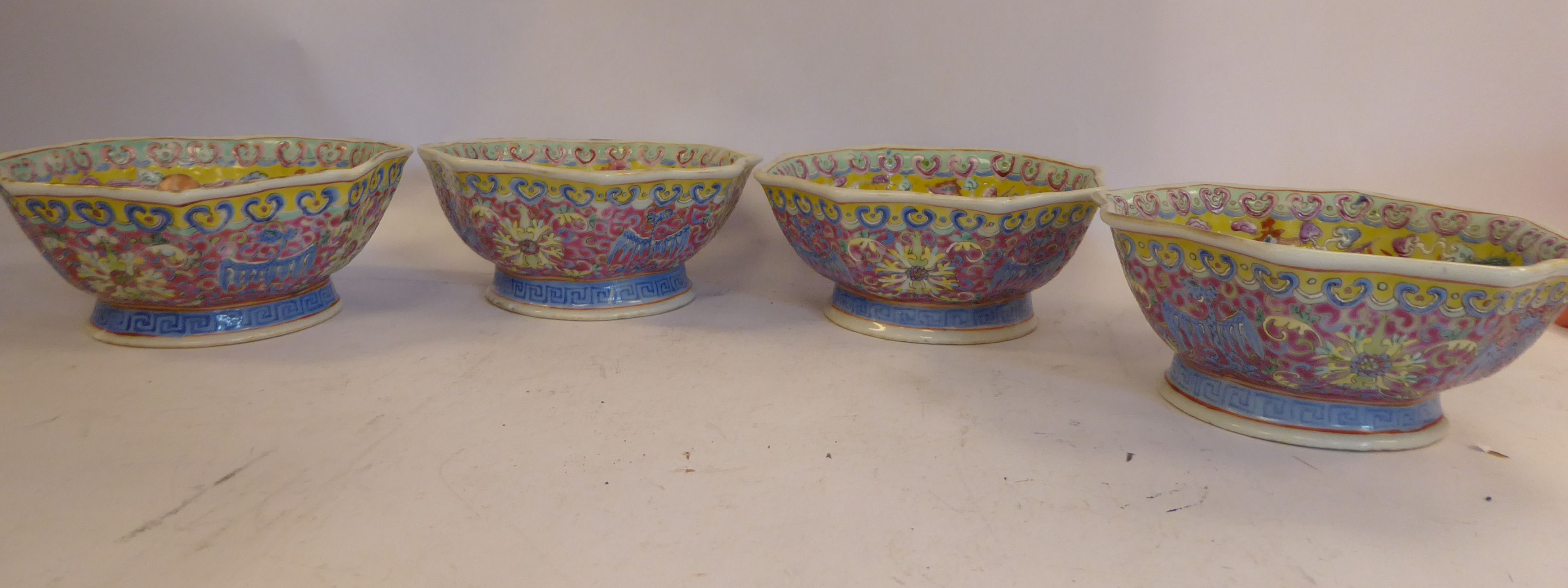 A set of four late 19thC Chinese porcelain octagonal bowls, on splayed footrims, - Image 2 of 3