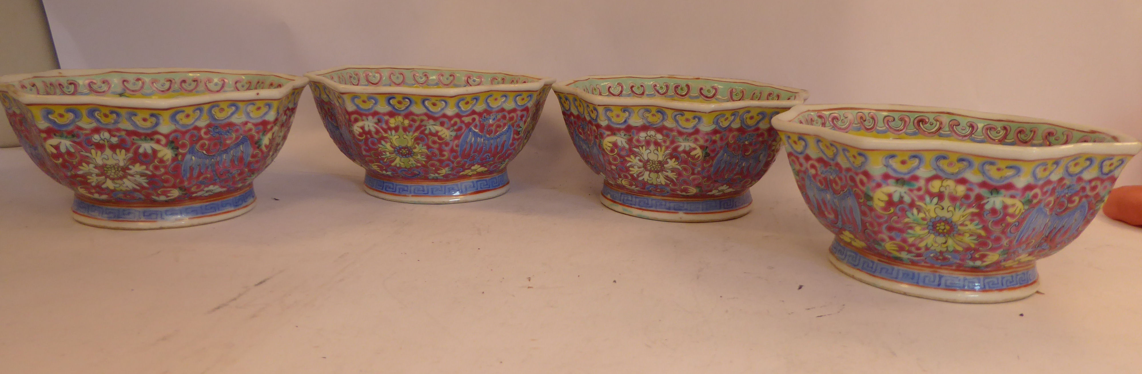 A set of four late 19thC Chinese porcelain octagonal bowls, on splayed footrims, - Image 2 of 3