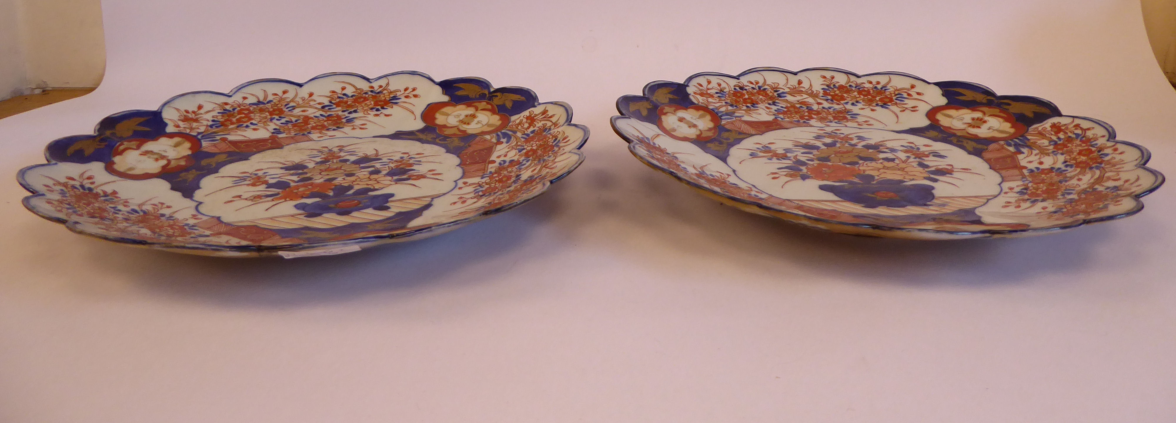 A pair of late 19thC Chinese Imari porcelain wavy edged, footed dishes, - Image 2 of 3