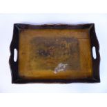 A late Victorian stained pine and satinwood galleried tray with opposing cut-out handles,