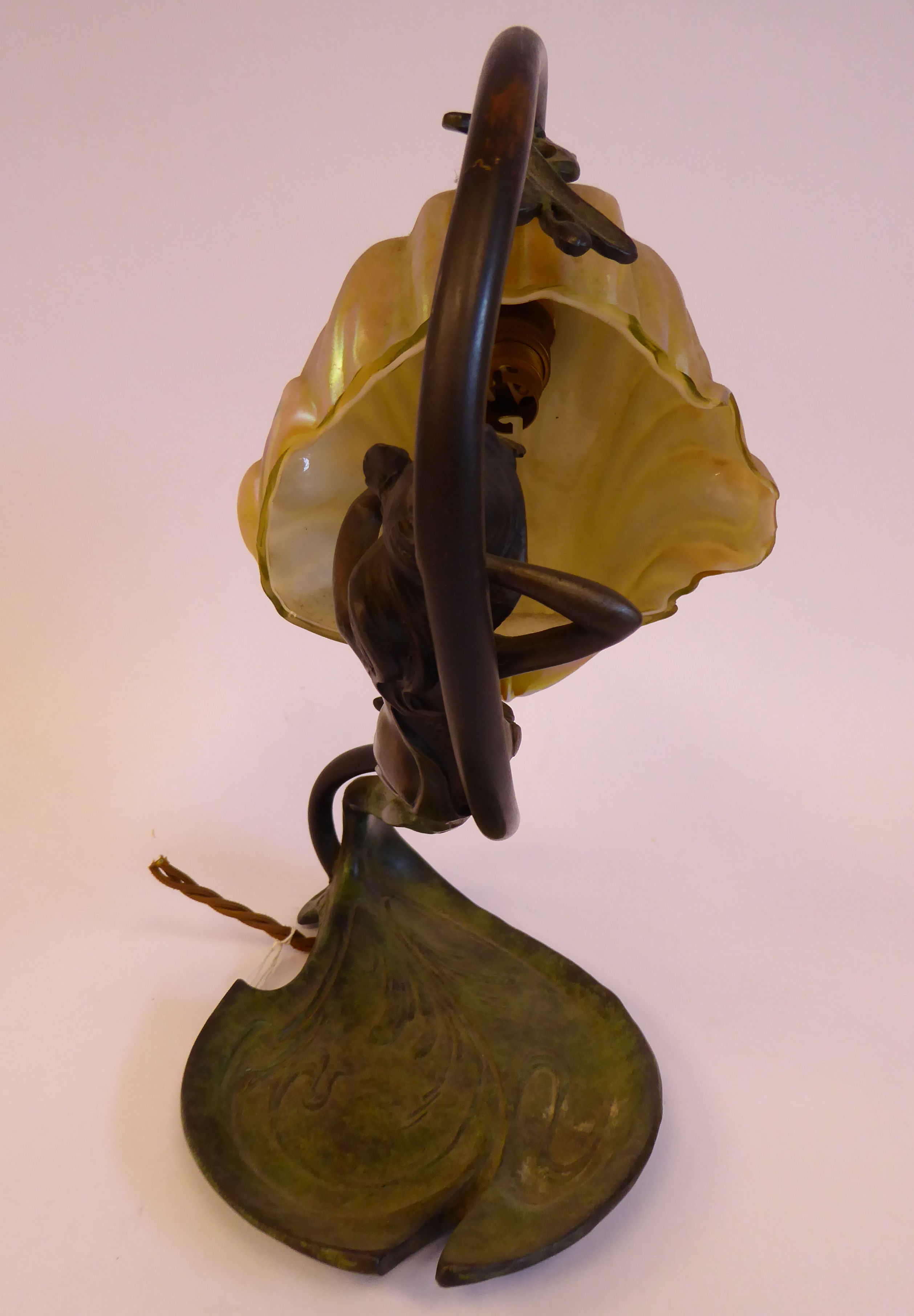 A late 19thC C Bonneford French Art Nouveau cast and part patinated green bronze table lamp, - Image 5 of 5