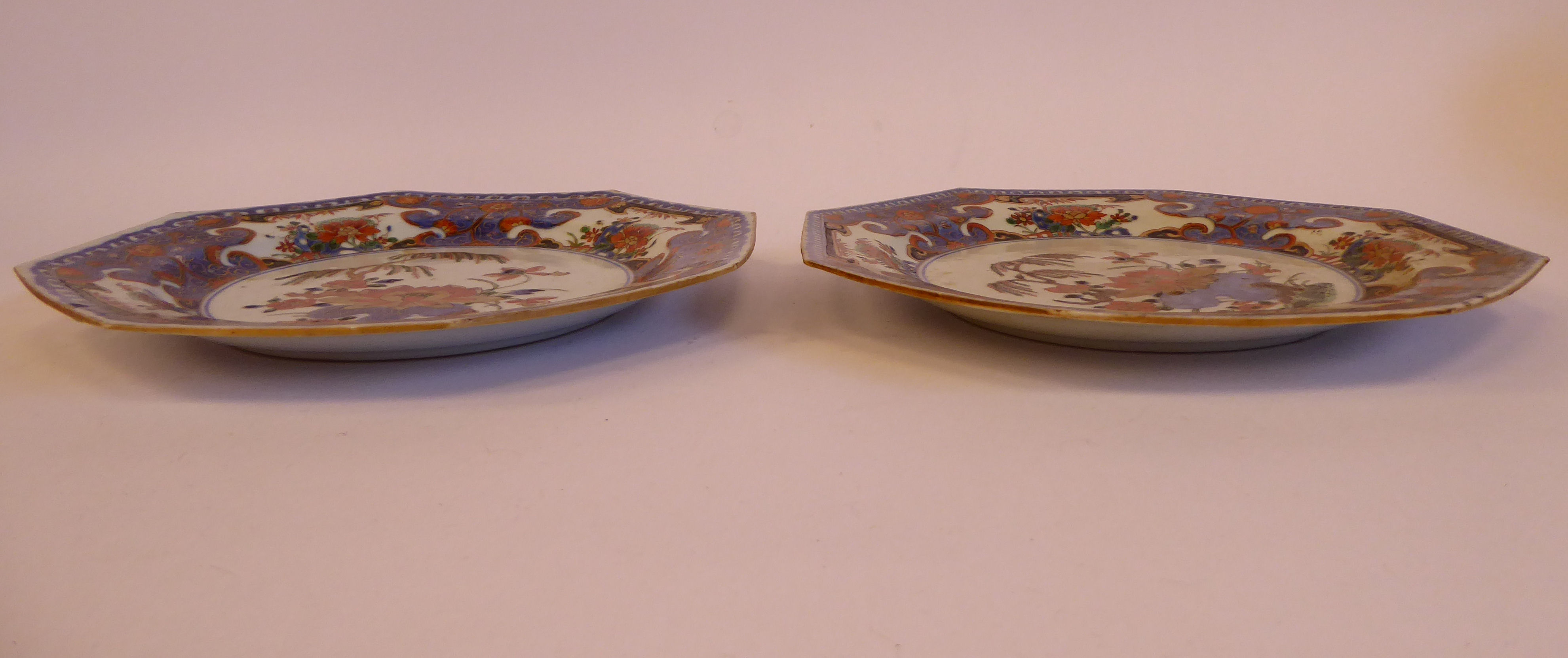 A pair of late 19thC Chinese porcelain octagonal plates, decorated in colours with lotus flowers, - Image 2 of 4