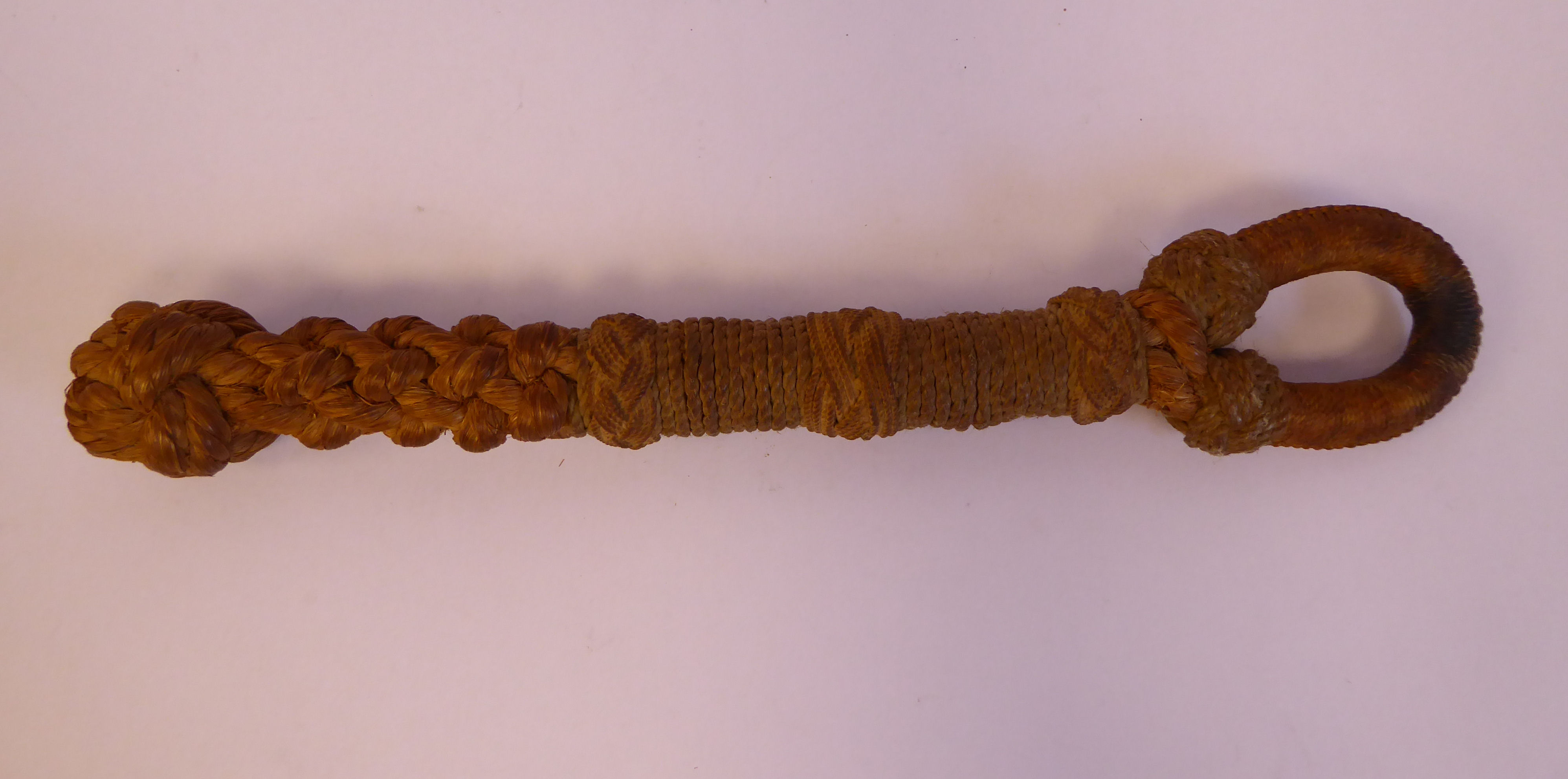 A 19thC finely woven and knotted string and rope bell pull lanyard 12''L overall - Image 2 of 6