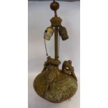 An early 20thC textured, painted pottery and part gilded copper mounted table lamp base of squat,
