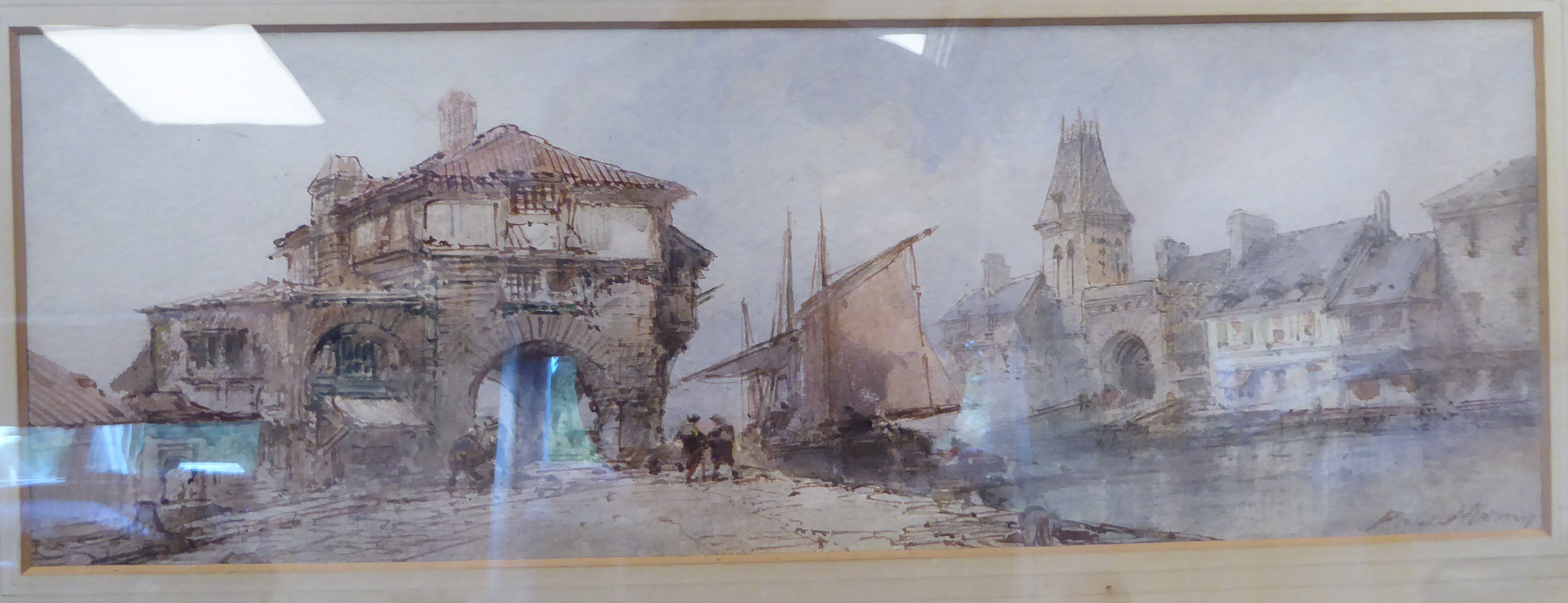 Paul Marnay - a French riverscape with figures on a quayside and a moored sailing boat, - Image 2 of 5