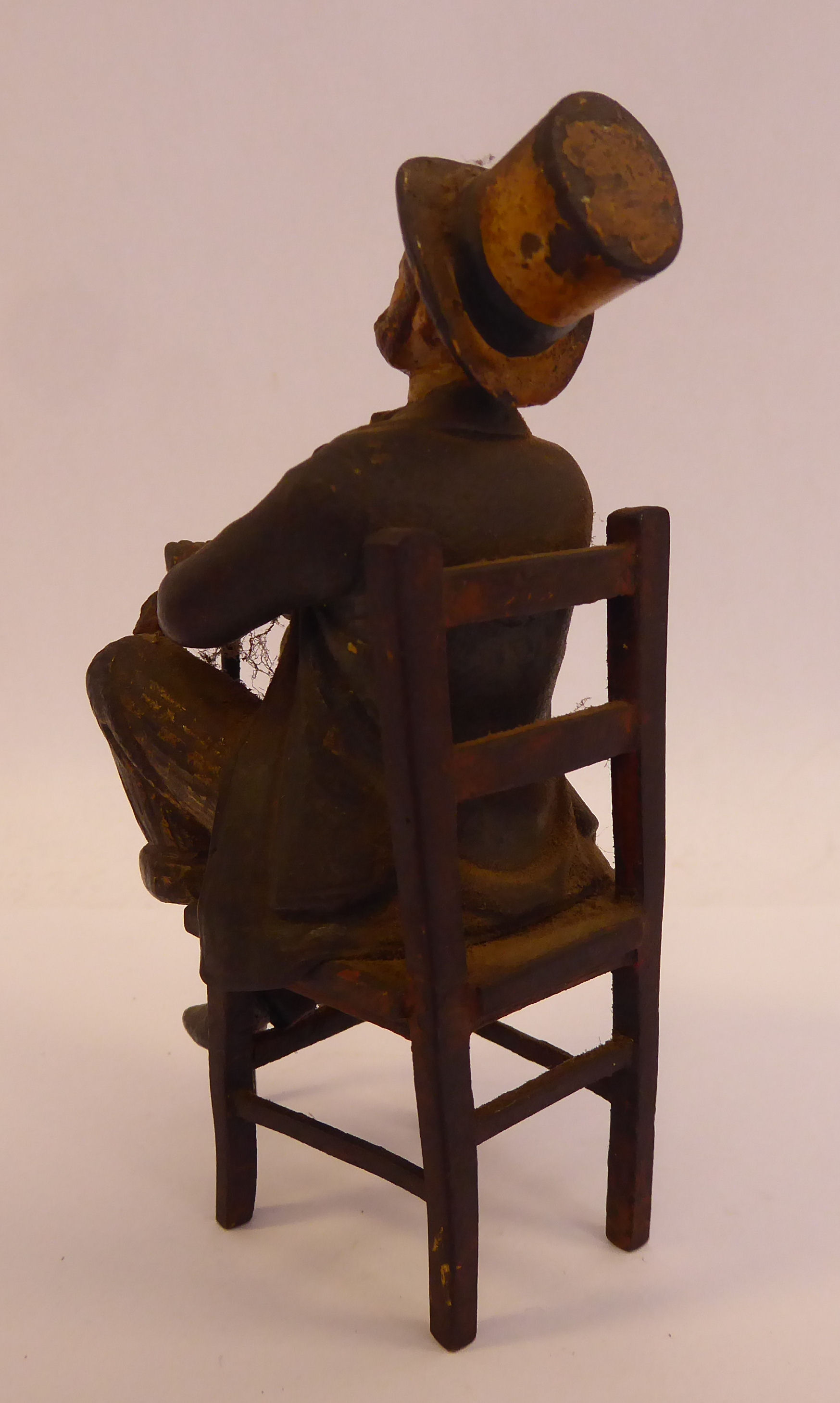 A late 19thC painted cold cast bronze figure, a bewhiskered gentleman, wearing a to hat and bow tie, - Image 3 of 5