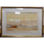 P Macgregor Wilson - a shoreline scene at sunset with a beached rowing boat and small sailing craft