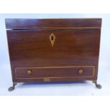 A mid 19thC mahogany and boxwood string inlaid tea casket with straight sides and a base drawer,