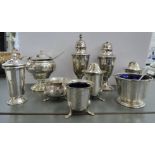 Miscellaneous silver condiments pieces: to include pedestal pepper and salt pots of covered vase