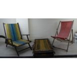 Five similar early 20thC teak framed deck chairs with coloured fabric seats BSR