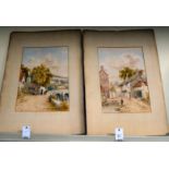 W Wallis - a pair of village scenes with figures watercolours bearing signatures 17'' x 12'' in