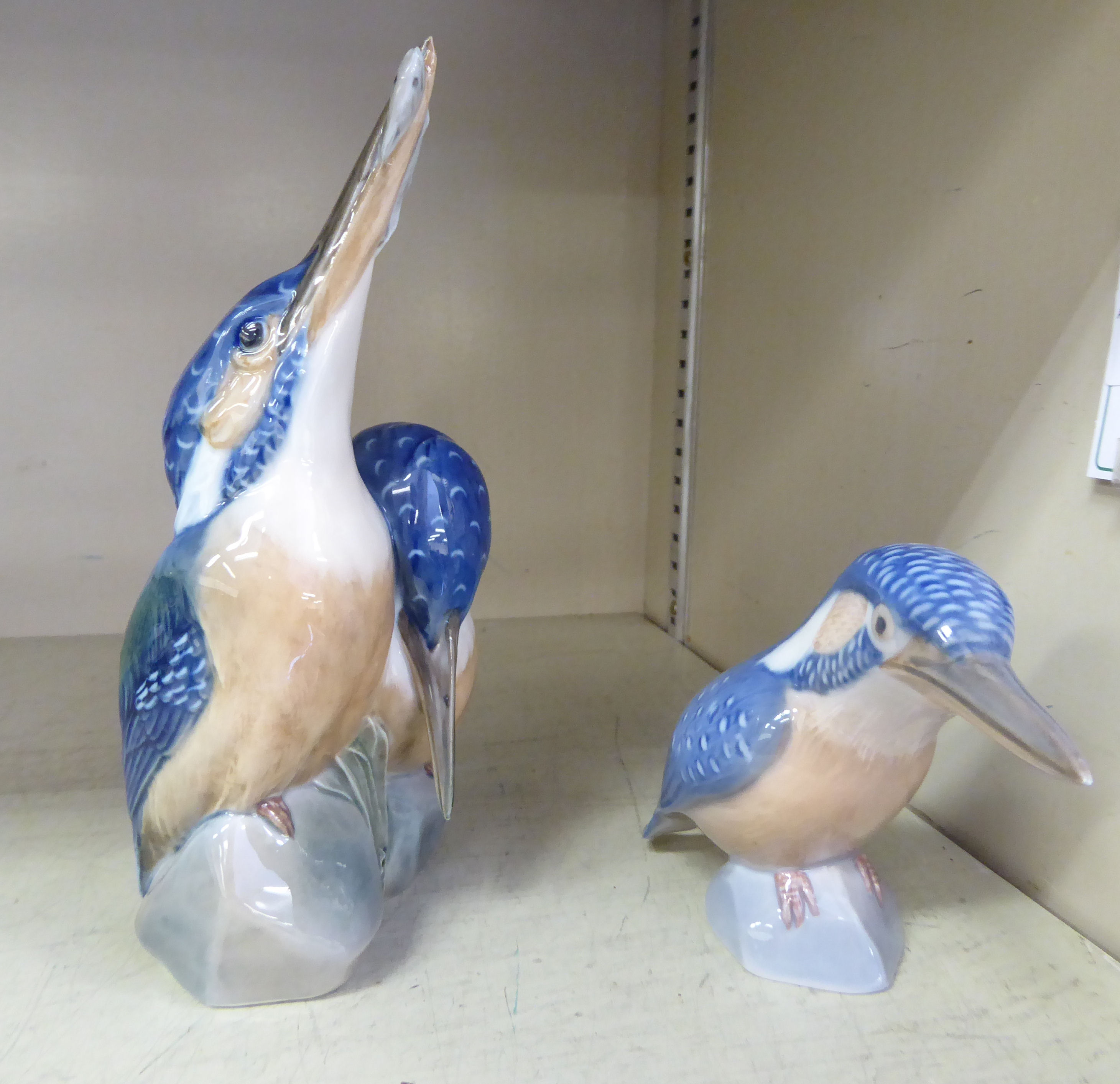 Two Royal Copenhagen porcelain models, viz. two kingfishers no.1769 7''h; and another no.3234 3.